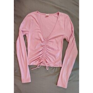 Women's Melrose and Market Cropped Long Sleeve Ruched Top Small Pink